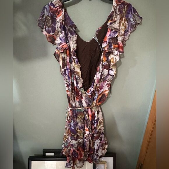 Anthropologie Ruffled Mini Wrap Dress Brown Floral Size L - Picture 7 of 9